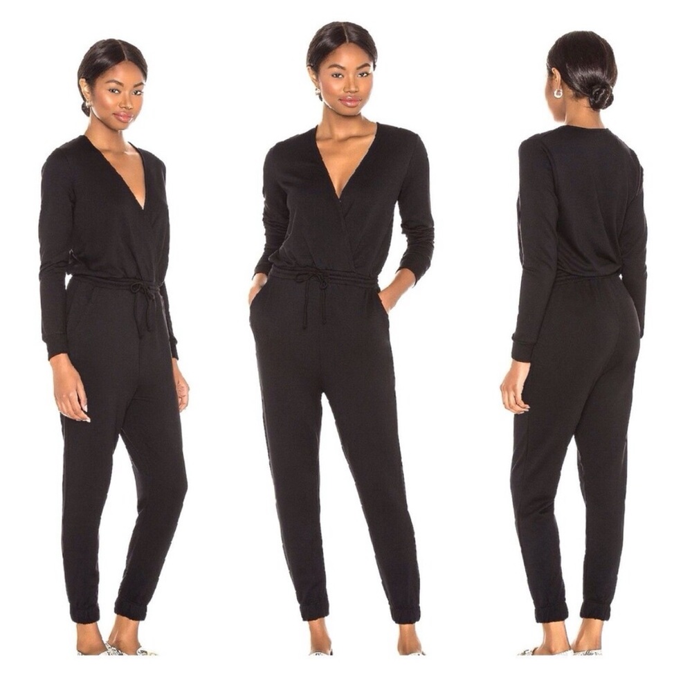 Beyond Yoga Cross Your Heart Black Fleece Jumpsuit Cozy Lounge Jogger XL